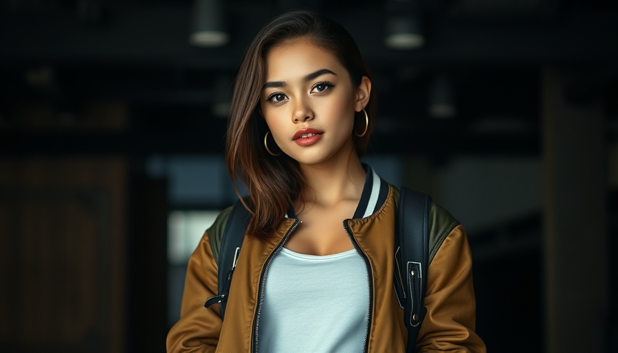 Stylish young woman in varsity jacket posing confidently.