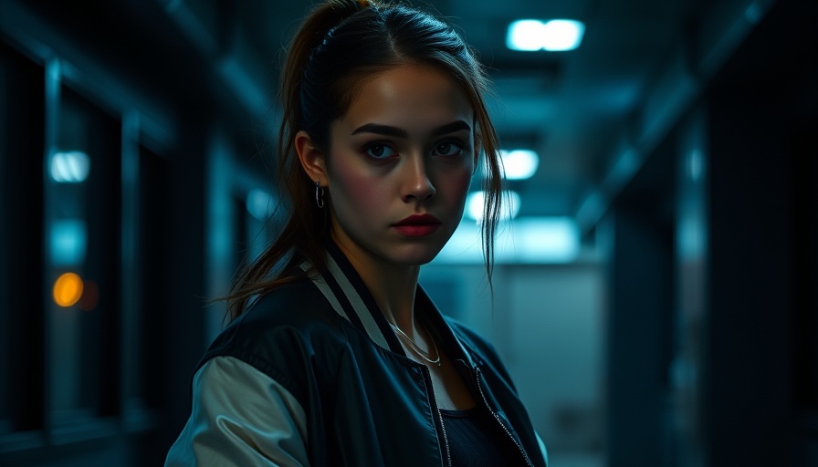 Young woman in varsity jacket looking confident indoors at night.