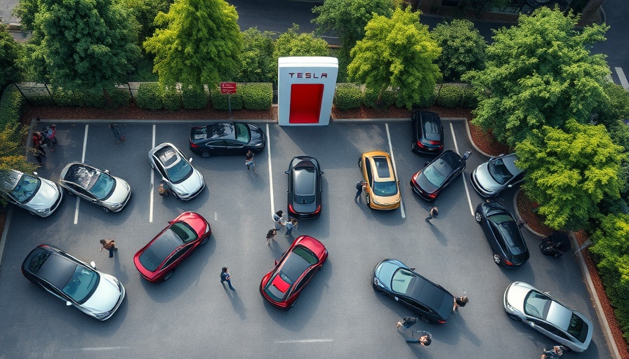 Tesla parking lot aerial view, various Tesla models and people, green surroundings.