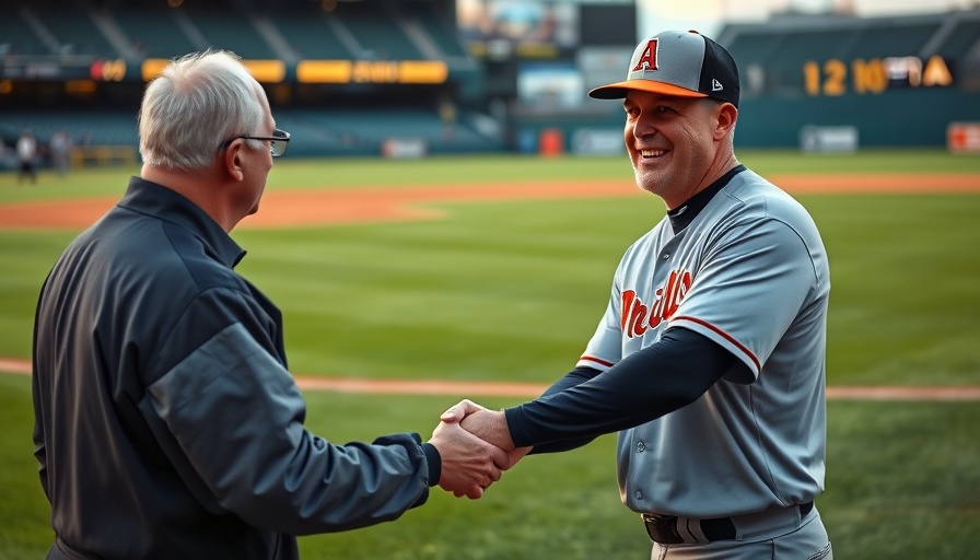Dallas Baptist baseball coach shaking hands with an official during a game.