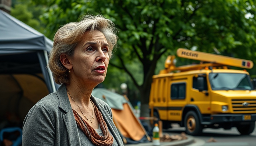 Concerned woman discussing homelessness crisis next to urban encampment.