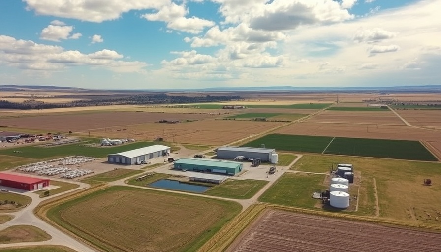 Aerial view of dairy farm buildings and storages in Colorado.