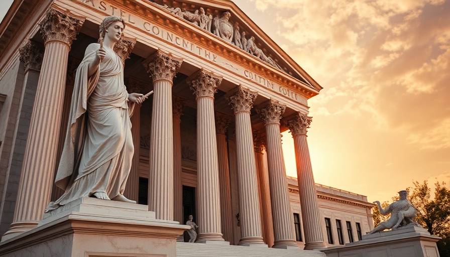 Elegant Supreme Court facade symbolizing justice, warm sunset.
