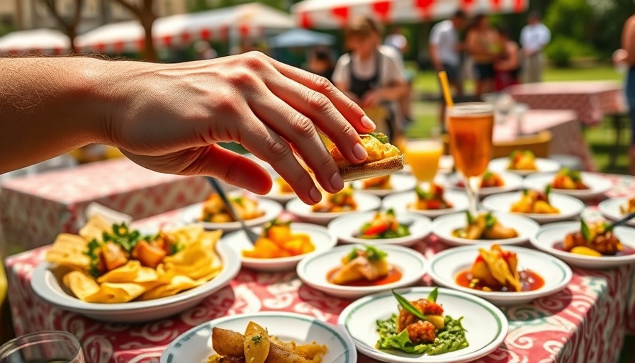 Gourmet dishes at 2025 Austin Food & Wine Festival with hand reaching.