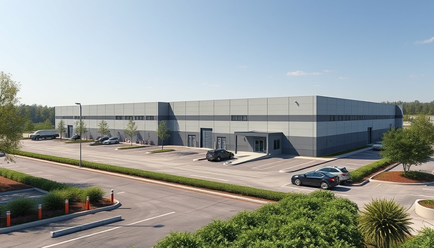 Houston business news: Modern warehouse with parking lot under clear sky.