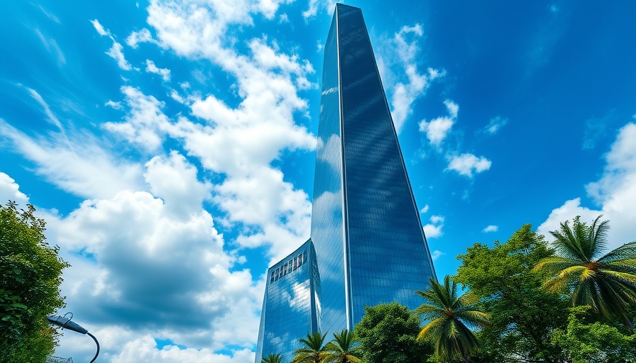 Houston business news skyscraper against blue sky.