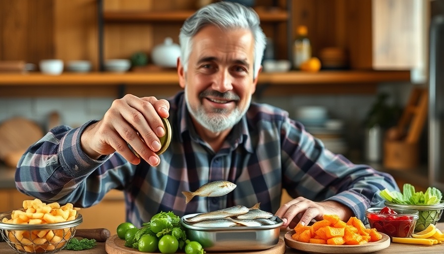 Man showing sardine cans promoting how food affects mental wellness in seniors.
