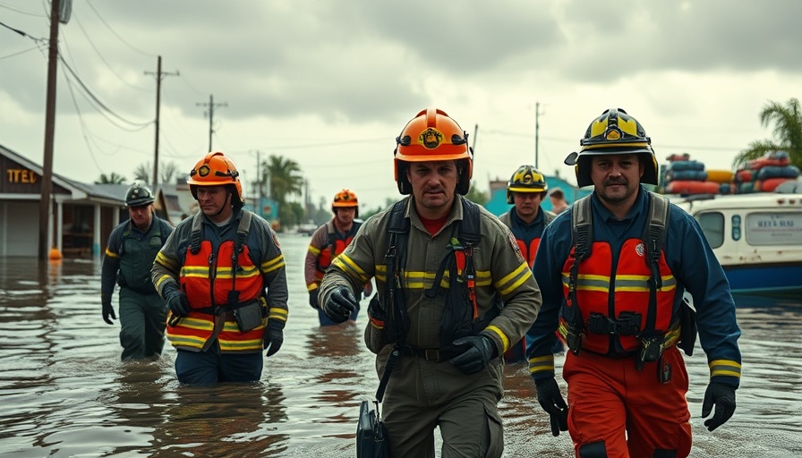 Texas flood relief efforts with responders aiding in flooded town.