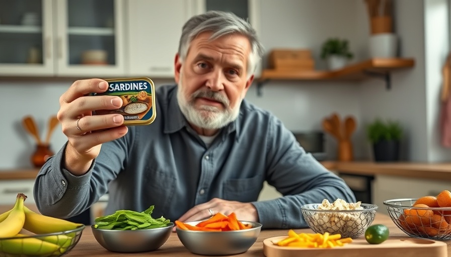 Man discussing healthier food choices with sardine cans in kitchen.