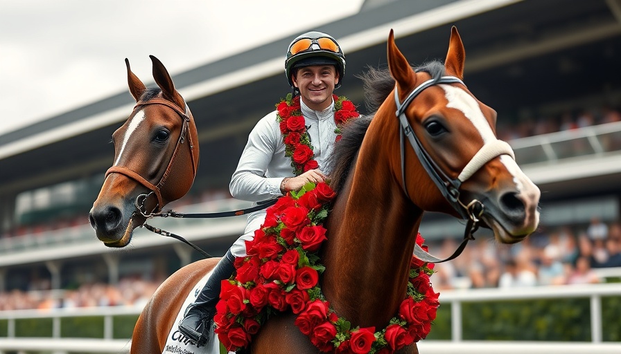 Jockey celebrating victory on Secretariat, adorned with roses.