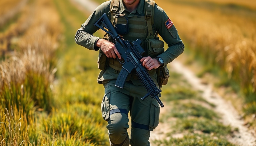 Soldier in military gear walks along countryside path.