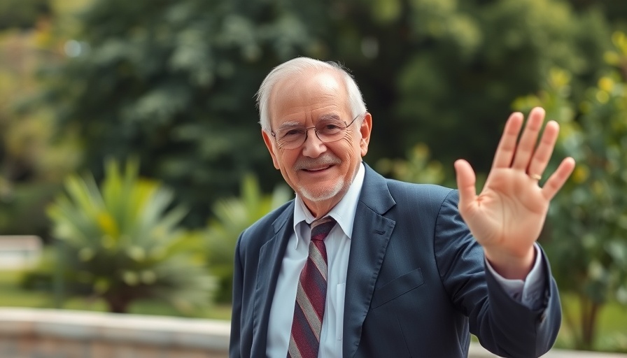 Elderly man waving outdoors with greenery, relating to FBI investigations.