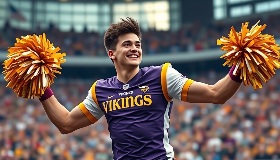 Vikings male cheerleader with pom-poms performing energetically.