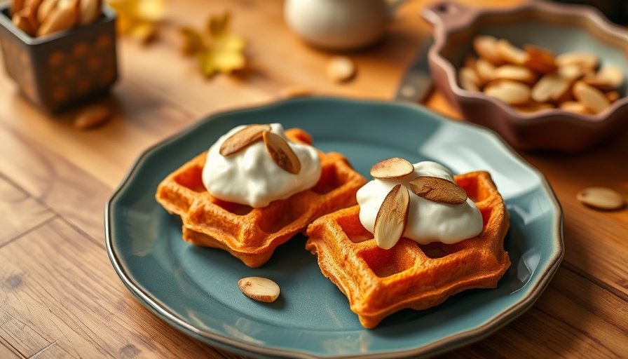 Sweet potato waffles topped with cream and almonds on a teal plate.