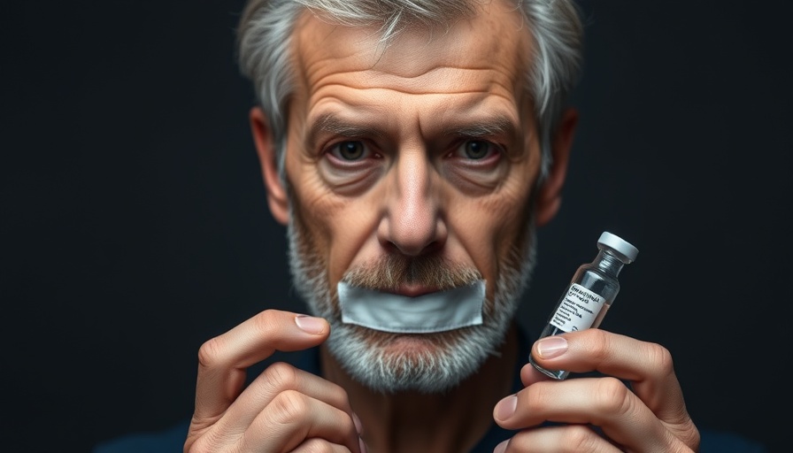 Middle-aged man with tape over mouth holding vaccine vial, truth about vaccines