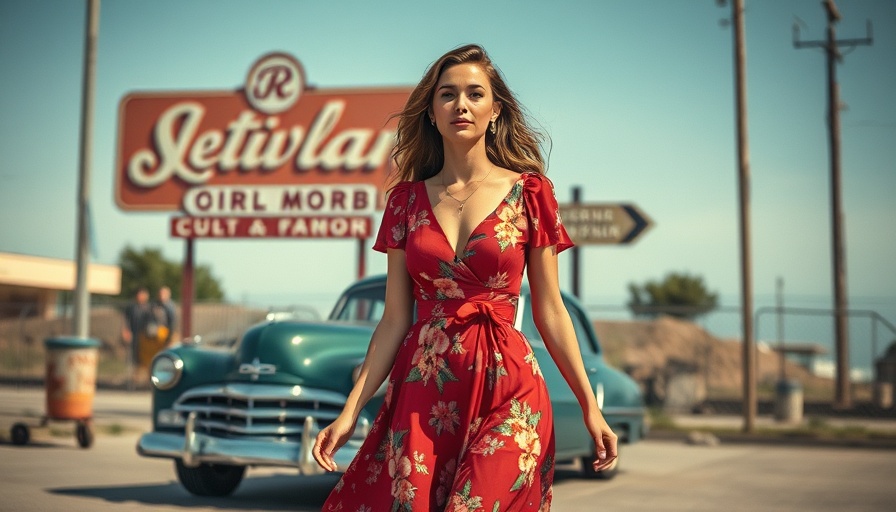 Woman in red floral dress in a modern film noir setting, 'Honey Don't'.