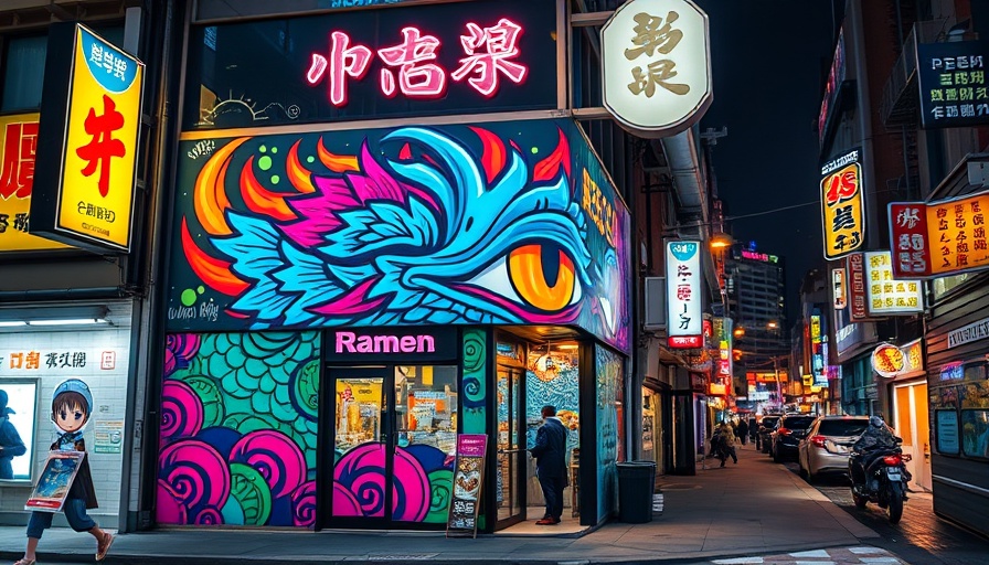 Colorful mural at Austin ramen shop with neon signage.