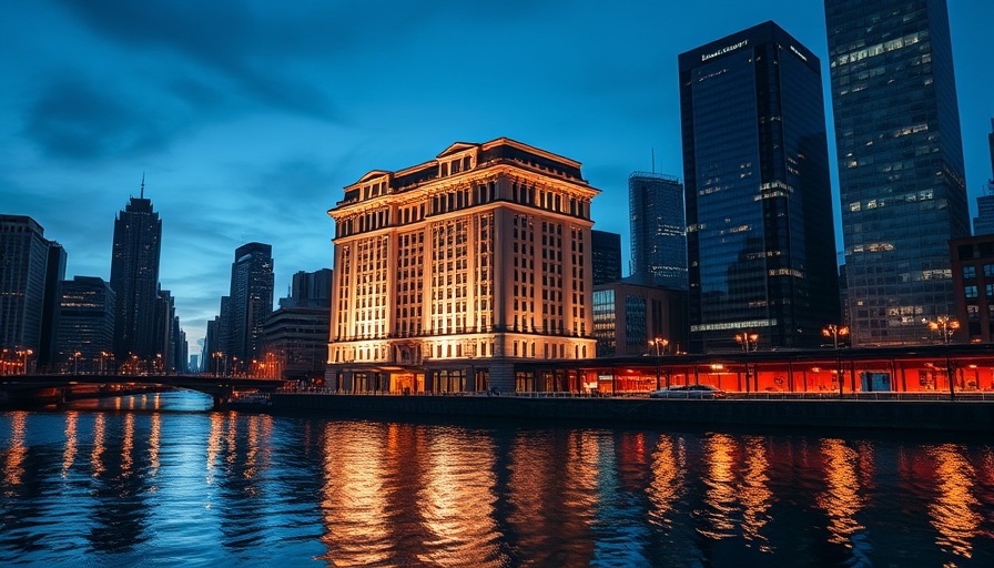 Luminous urban building at Austin projection art show reflecting on water.