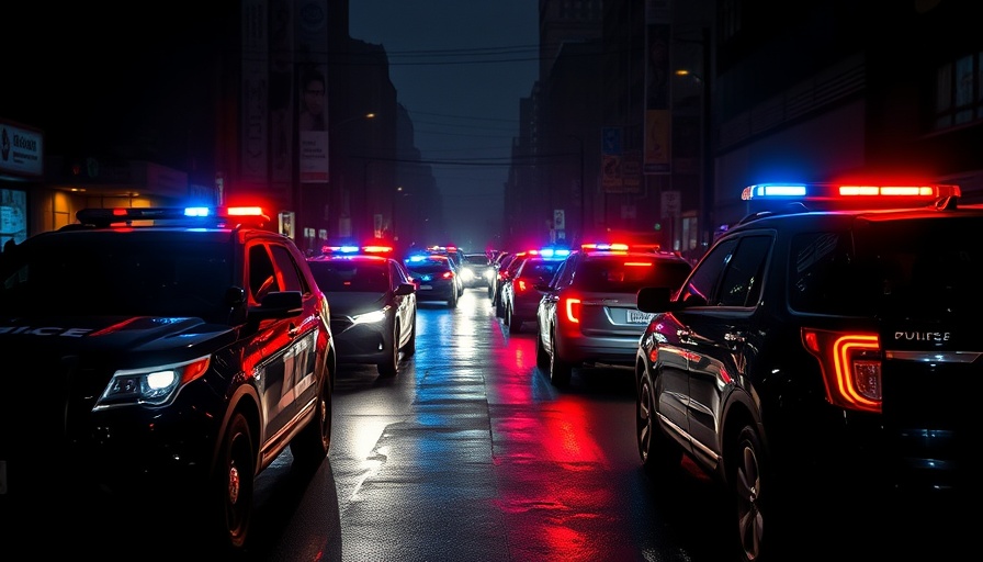 Police vehicles with flashing lights during nighttime incident.