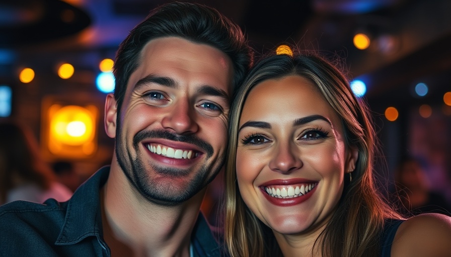 Cheerful couple enjoying nightlife, smiling in a close-up shot