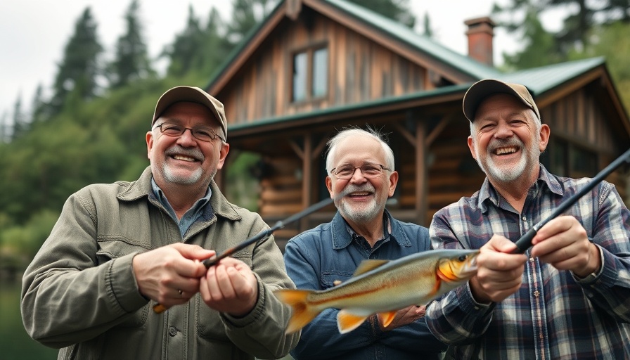 Middle-aged men fishing by rustic cabin, British foreign secretary fishing trip