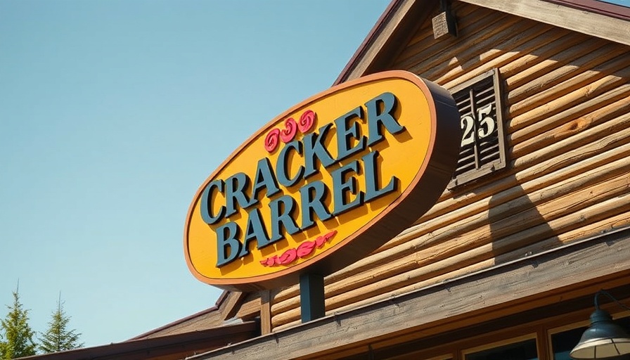 Cracker Barrel stock loss; sign on wooden building under blue sky.