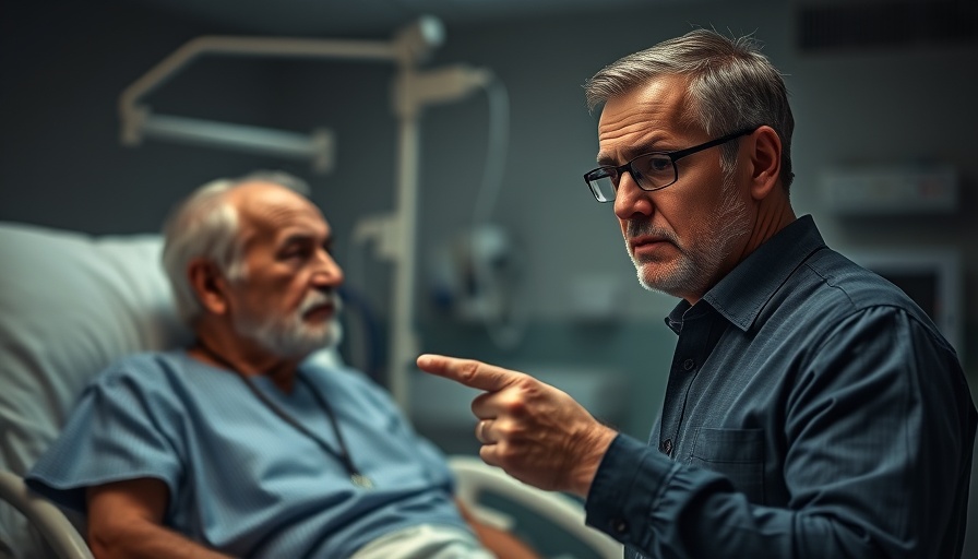 Concerned man points to hospitalized older man; exploring topic of male longevity.