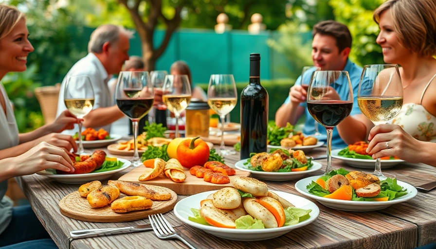 Rethink Good Bad Foods: Summertime table with assorted appetizers and wine outdoors.