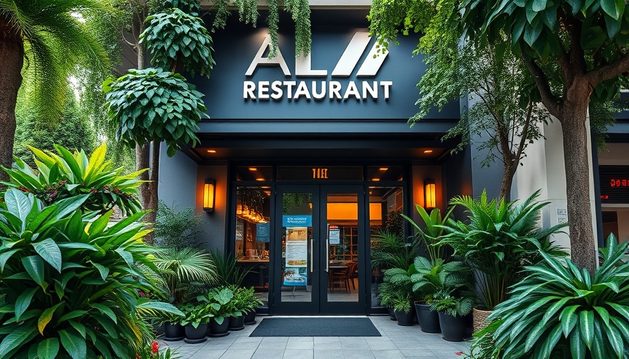 Modern restaurant entrance with greenery, lush setting.