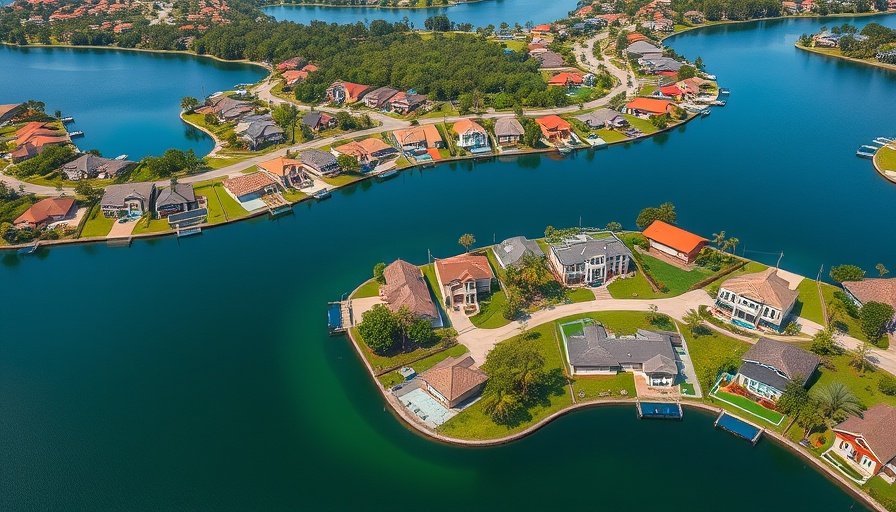 Aerial view of Katy waterfront home community.