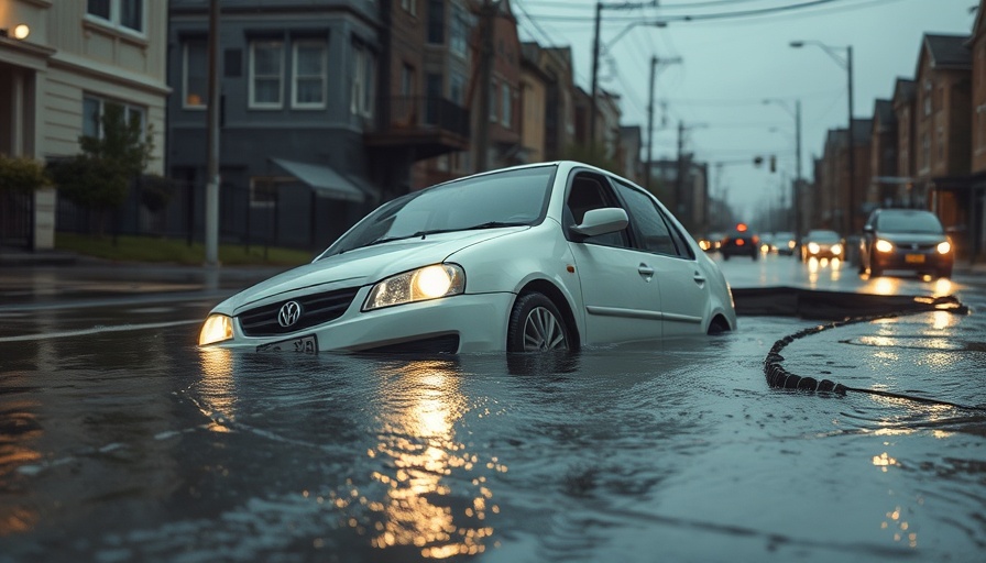 Car in water from Southeast Houston pavement collapse, neighborhood view.