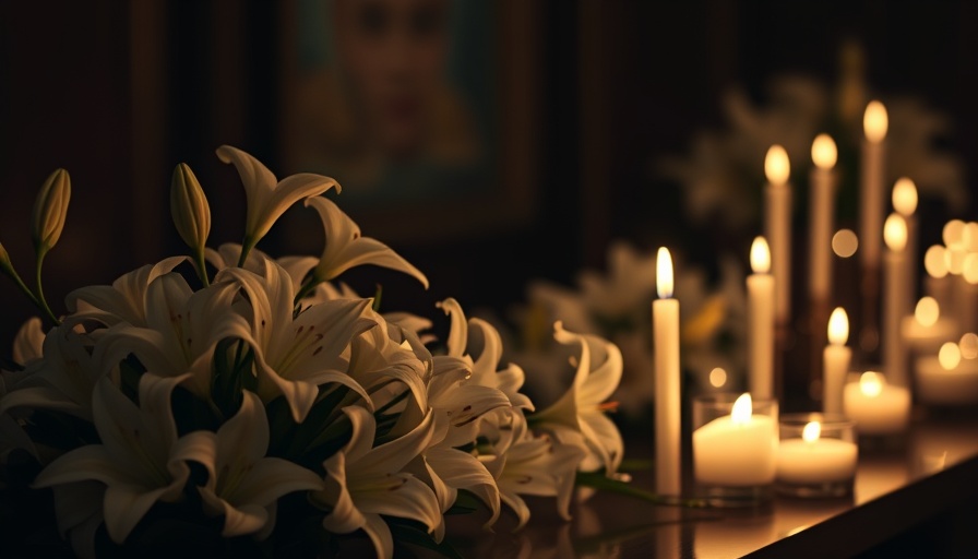 Jerry Adler obituary memorial setting with lilies and candles.