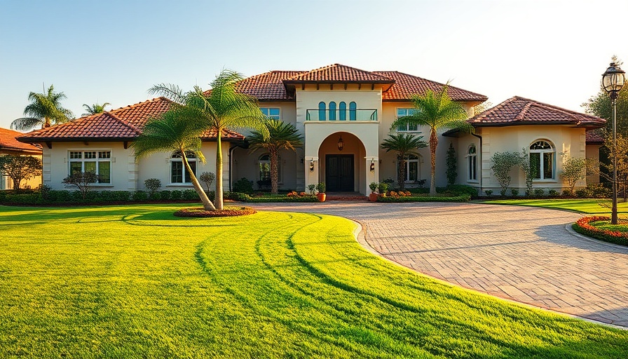 Elegant waterfront home in Katy with red-tiled roof.