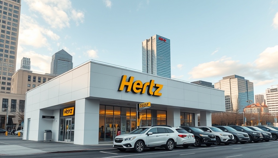 Hertz car rental office in urban setting, Houston used-car partnership theme.