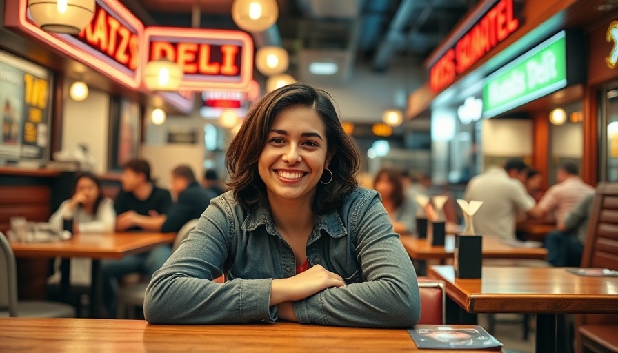 Individual seated at Katz's Deli in Houston for business news feature.