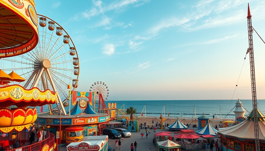 Vibrant amusement park in Houston with various rides at sunset.