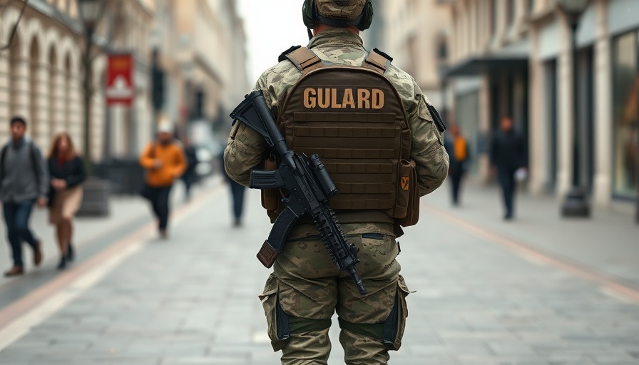 Armed National Guard soldier in D.C. standing alert on a path.