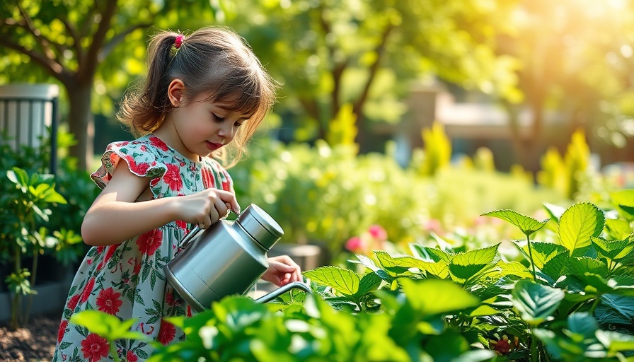 Child watering plants in garden for children's herbal remedies