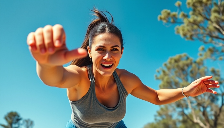 Healthy lifestyle: Woman stretching outdoors under blue sky.