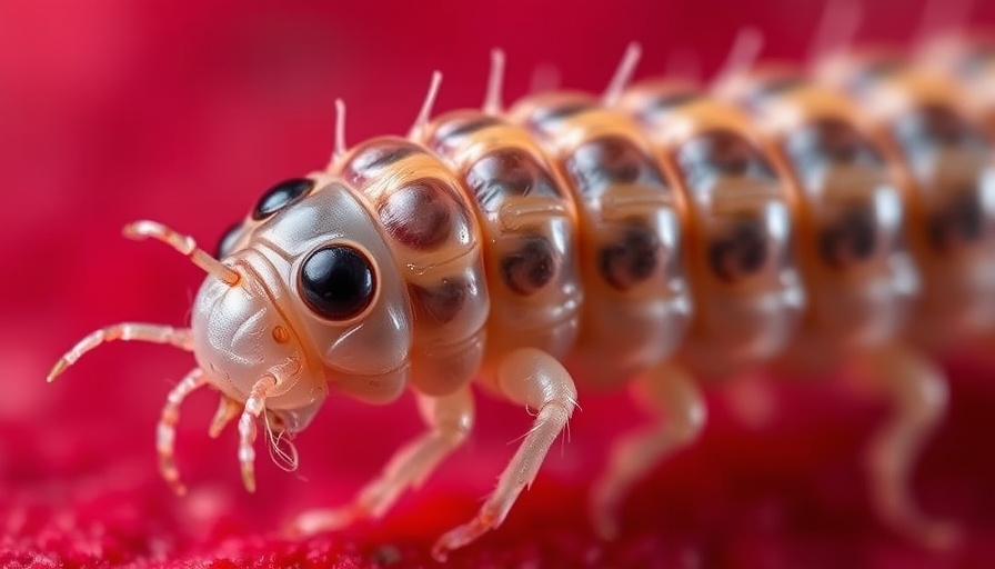 Close-up flesh-eating parasite case larva with red backdrop.