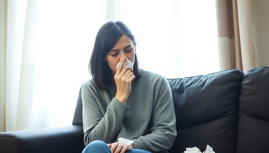 Woman on sofa managing allergies, indoor air solutions for allergy sufferers context.