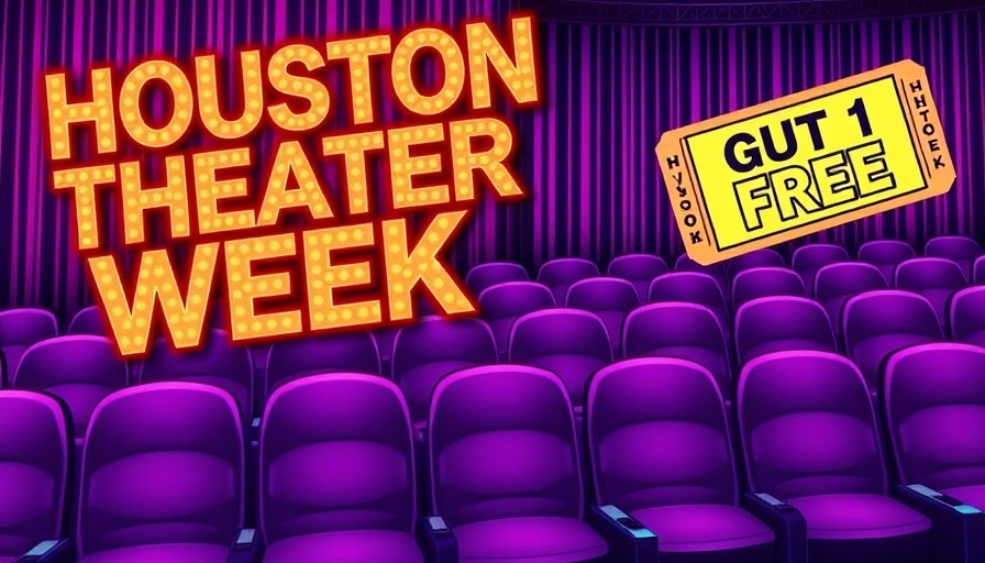 Colorful Houston Theater Week graphic with bold text and ticket designs.