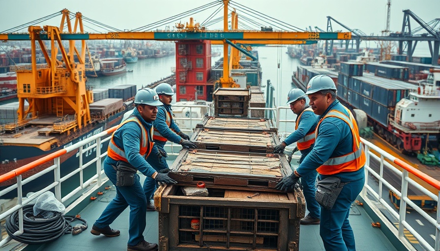 Breaking national news: Team handling cargo on ship under sunny sky.