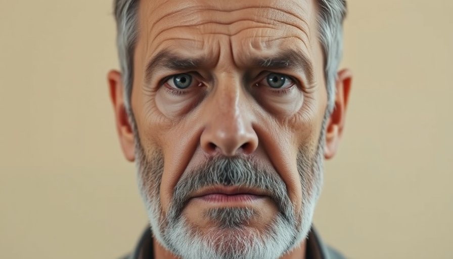 Close-up of an older man with gray hair and beard looking serious.
