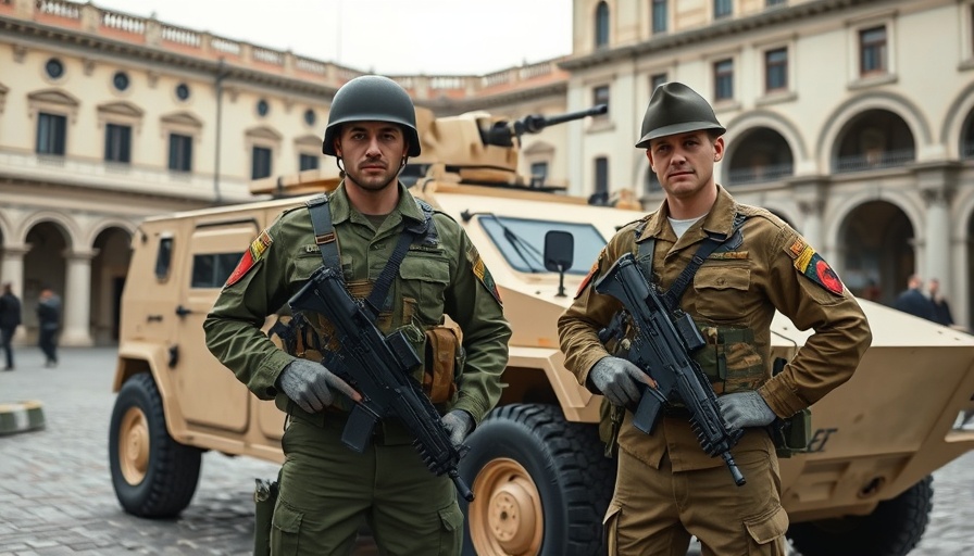 Military personnel and vehicle in city square, national news headlines.