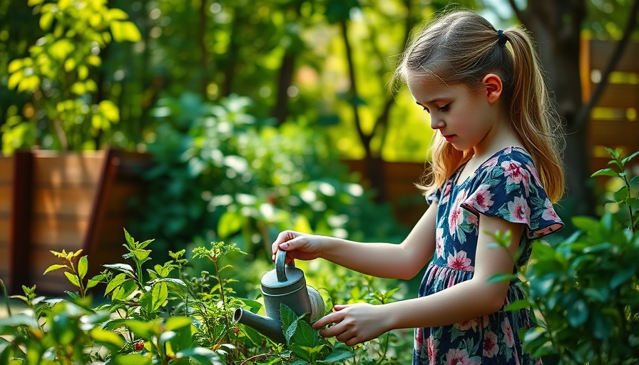 Young girl watering garden plants, related to herbal remedies for children.