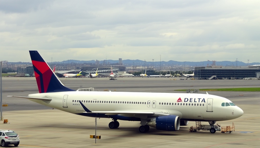 Delta Airlines airplane on runway with cityscape in background.
