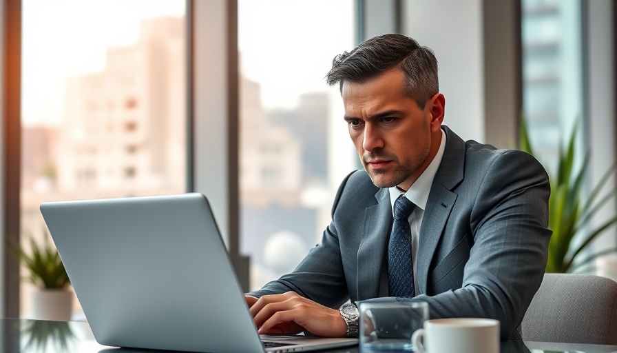 Professional man in office working on laptop, AI chatbot suicide response.