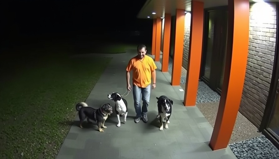 Security footage showing man with dogs outside building at night, Austin crime news.