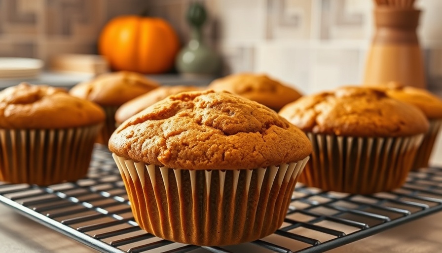 Golden gluten-free pumpkin muffins on rack in kitchen.